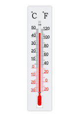 Outdoor thermometer on white background. Ambient temperature plus 45 degrees celsius