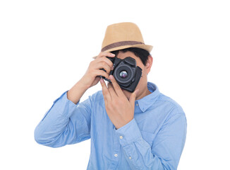 Creative male photographer in front of white background