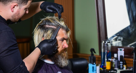 mature man at hairdresser. Hair care and male grooming concept. get perfect shape. bearded man...