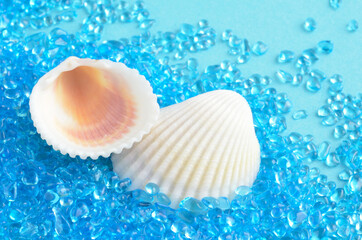 Obraz na płótnie Canvas 海をイメージした青い石と貝殻