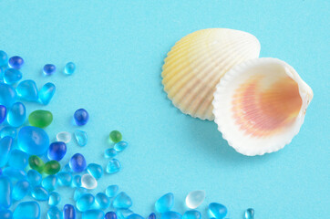 海をイメージした青い石と貝殻