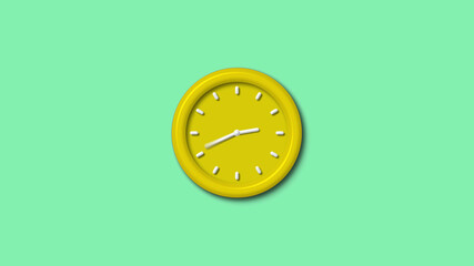 New yellow color 12 hours 3d wall clock isolated on green light background, 3d wall clock