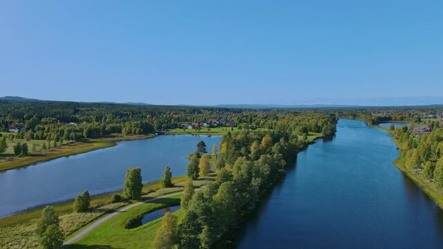 Beautiful Forest And River  Landscape In Malung, Dalarna, Sweden - aerial shot

