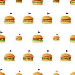 Seamless pattern with burger. Suitable for backgrounds, postcards, and wrapping paper. Vector.