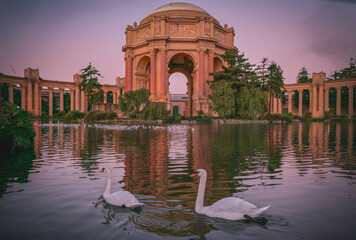 The Palace of Fine Arts in the Marina District of San Francisco, California is a monumental structure originally constructed for the 1915 Panama-Pacific Exposition in order to exhibit works of art. 