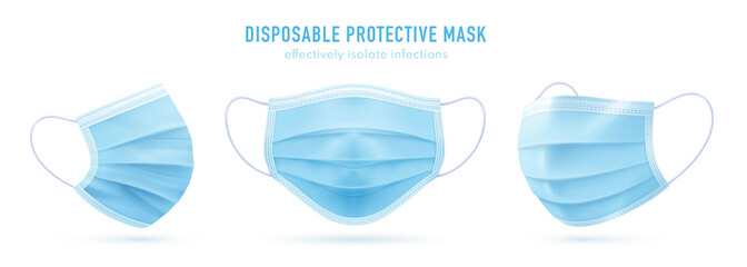 3d realistic vector disposable protective mask. Blue surgical, medical respiratory face mask isolated on white. Coronavirus protection, anti-dust, anti-bacteria, anti-exhaust gas. Front, three