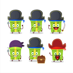 Cartoon character of green christmas gift with various pirates emoticons
