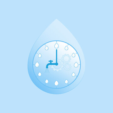 Clock with tap icon as hour hand in drop shape is a gimmick of importance of water to human life, we need it all time to survive. Water sustainability. Vector illustration outline flat design style.