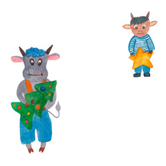 watercolor new year card bull symbol of the year 2021 with a star Christmas tree handmade on a white background blank for cards design elements bright picture with water paint