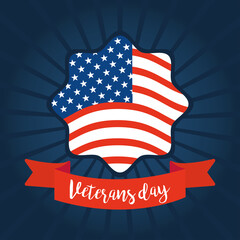 happy veterans day, american flag badge on sunburst blue background