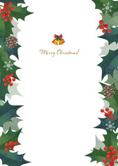 クリスマスフレーム 柊の飾り枠 左右に装飾 水彩イラスト ロゴ入り（縦長 A3・A4比率）