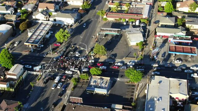 Drone of Vallejo, California protests with people marching and blocking off streets