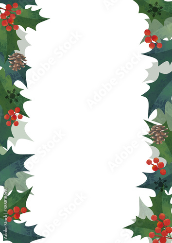 クリスマスフレーム 柊の飾り枠 左右に装飾 水彩イラスト ロゴ無し 縦長 A3 比率 Antique Wall Mural Antiq Pp7