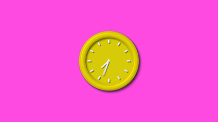 Best yellow color 3d wall clock isolated on pink background, Counting down 3d wall clock