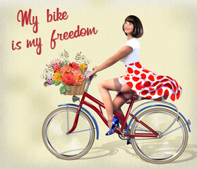 Happy Pin-up girl on  a bike with flowers.