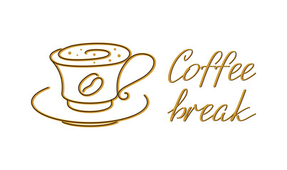 Coffee cup with saucer and coffee break hand lettering on a white background. Vector Icon, logo for coffee house, coffee shop, cafe, restaurant, cafeteria, packaging, wrapper, menu, label or signboard