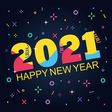 2021 happy new year colored numbres calendar memphis geometric black background