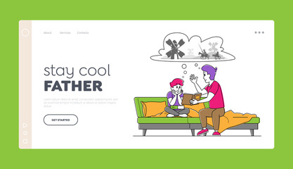Happy Family Characters Spending Time Together Landing Page Template. Father Reading Book to Son Sitting on Sofa
