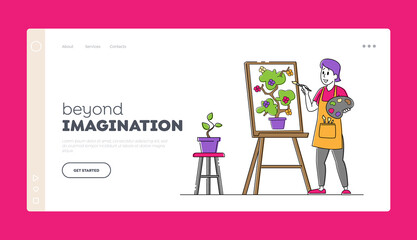 Creative Hobby, Drawing Art Class, Workshop Landing Page Template. Artist Female Character with Paints and Brush in Hand
