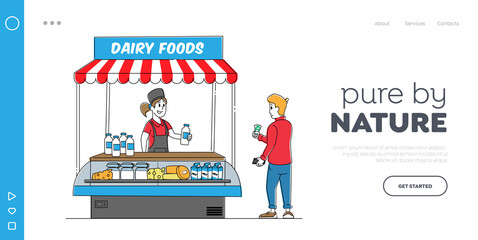 Milk Retail Landing Page Template. Saleswoman Character Sell Dairy Food in Kiosk. Customer Buy Milky Products on Market
