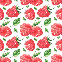 Seamless watercolor pattern with raspberries and leaves