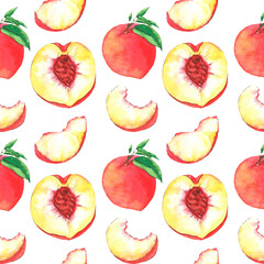 Seamless watercolor pattern with peaches and leaves