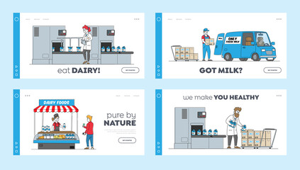 Obraz premium Dairy Production Manufacturing on Plant Landing Page Template Set. Factory Worker Characters at Conveyor Belt with Milk
