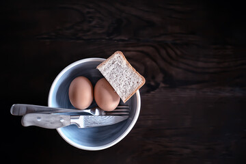 boiled eggs in a breakfast plate, abstract morning food background, homemade food lifestyle