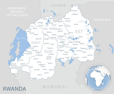 Blue-gray detailed map of Rwanda administrative divisions and location on the globe.