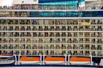 Modern luxury cruiseship or cruise ship liner sail away departure from Key West, Florida during...