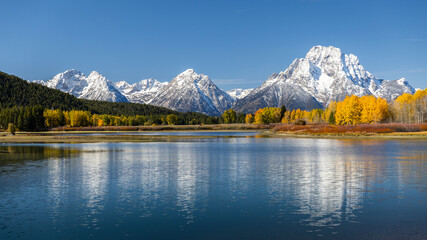 Reflection of snowcapped Mount Moran over Snake River.