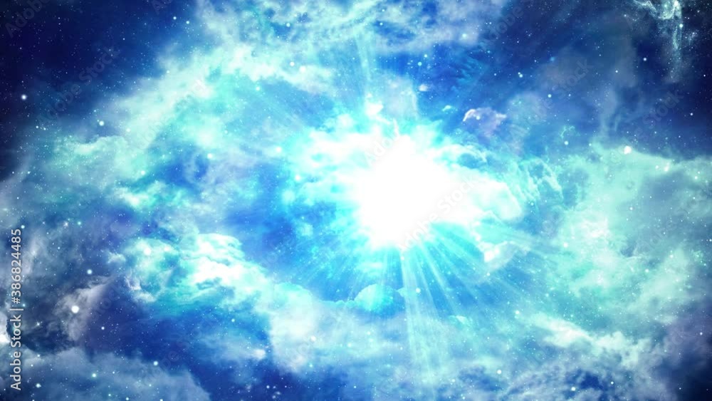 Poster loop animation of small dust particles clouds stars moving travel on a blue galaxy in deep space wit
