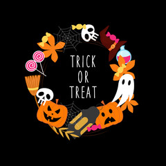 Trick or treat wreath. Halloween card. Flat style vector illustration.