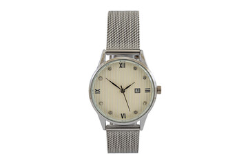 Women's round silver classic watch with metal mesh style strap, white dial face isolated on white background.