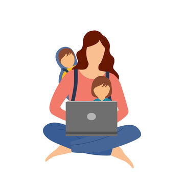 Busy mom carry her baby while working with laptop computer. Single mom taking care of her son and daughter alone. Single parent family.
