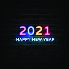 Happy new year 2021 neon text  vector. Design template neon style