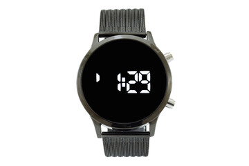 Round smartwatch with black matte style strap, black dial face and digital numerals, isolated on...
