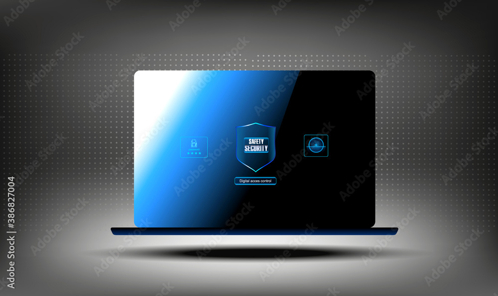 Poster laptop with security shield. the concept of protecting your computer from unauthorized entry. the se