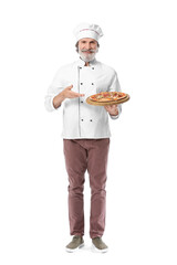 Mature male chef with tasty pizza on white background