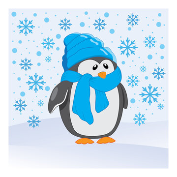 Cute cartoon penguin with falling flakes snows vector graphic illustration