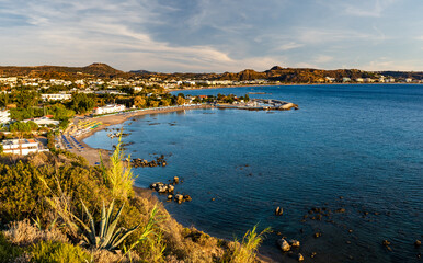 Panorama of the vicinity of the Faliraki resort on Rhodes - the sea, the beach and the surrounding hills