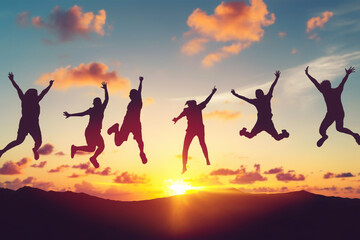 Silhouette happy friends jump at top of mountain on sunset sky abstract background. Copy space of...