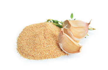 Aromatic powdered garlic on white background