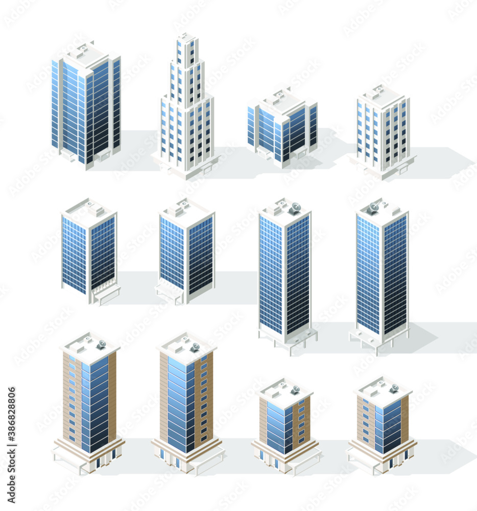 Aufkleber set of isometric high quality city building with shadows on white background . isolated vector eleme