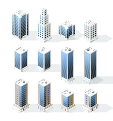Set of Isometric High Quality City Building with Shadows on White Background . Isolated Vector Elements