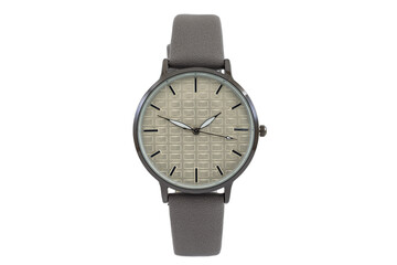 Classic fashion silver wristwatch with gray leather strap and white dial face, isolated on white background.