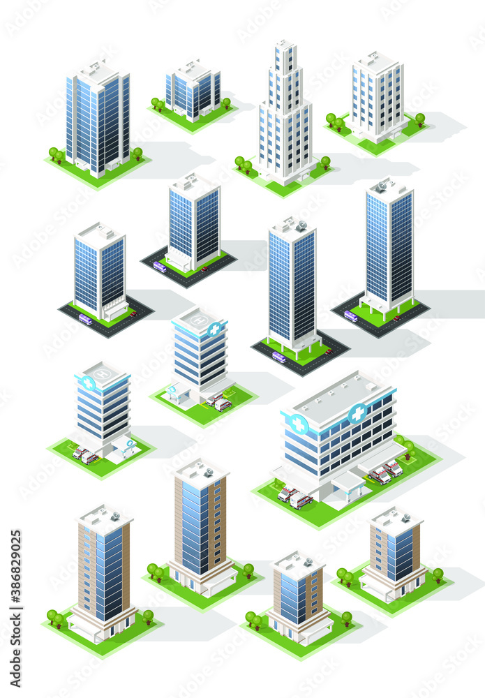 Aufkleber set of isometric high quality city building with shadows on white background . isolated vector eleme