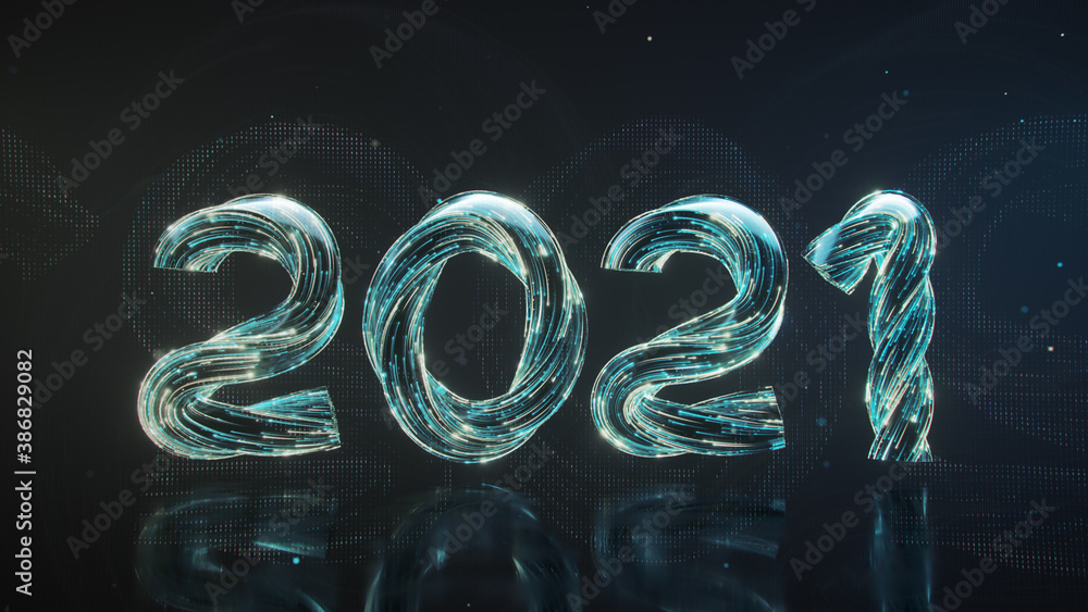 Aufkleber text 2021 made from glowing lines and particles 3d rendering illustration