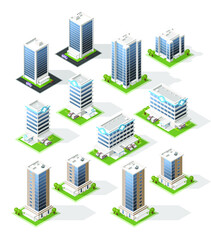 Set of Isometric High Quality City Building with Shadows on White Background . Isolated Vector Elements