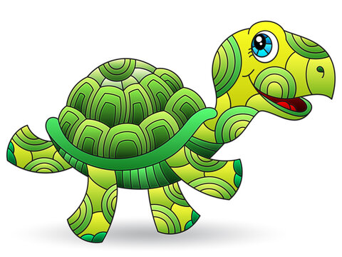 Illustration with a stained glass element, cute cartoon green turtle isolated on a white background